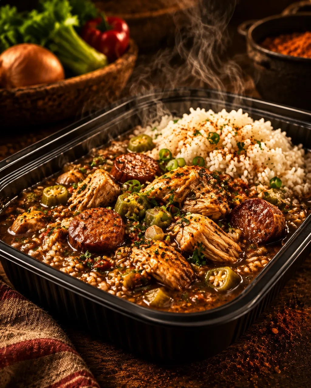 A warm serving of chicken and sausage gumbo ready to enjoy
