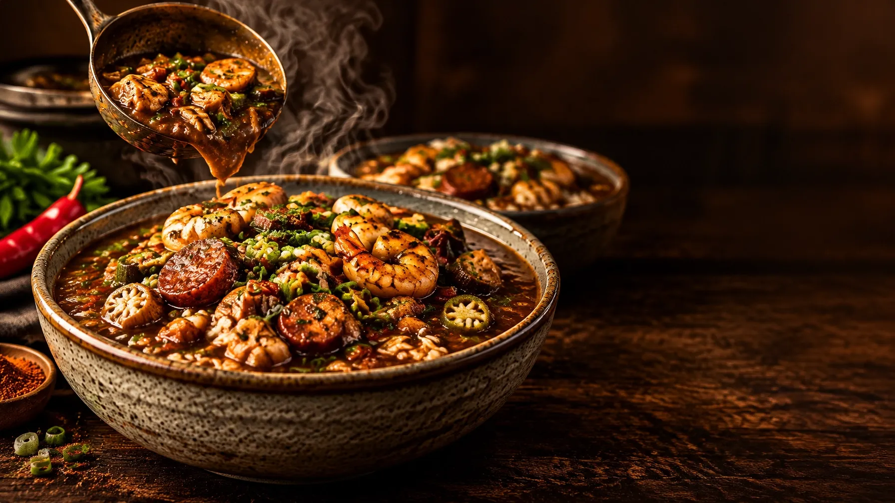 A steaming bowl of rich Cajun chicken and sausage gumbo