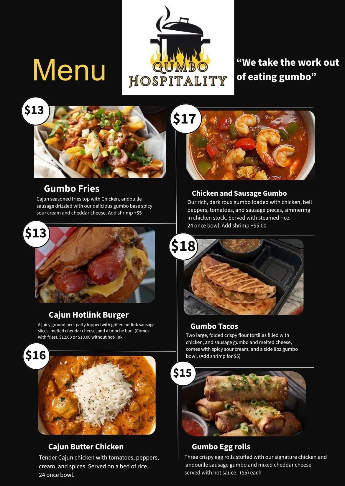 Gumbo Hospitality menu featuring gumbo fries, chicken and sausage gumbo, Cajun hotlink burger, gumbo tacos, and Cajun butter chicken